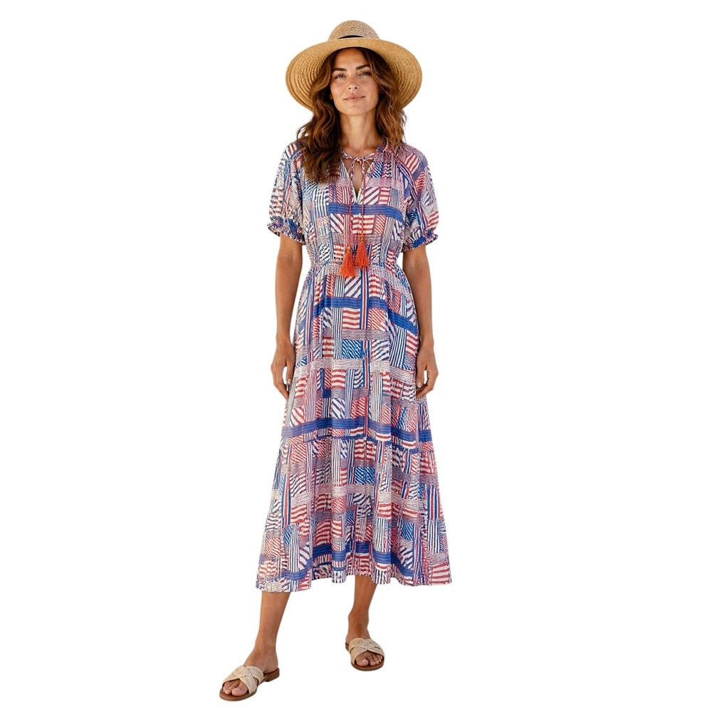 THML Red Wht & Blue Americana Womens size Small Patchwork Puff Midi Tassel Dress